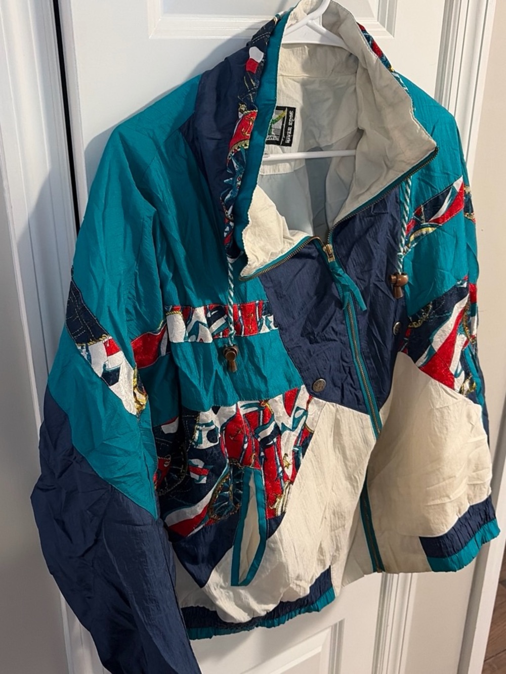 Colorblock Teal & Navy Bomber Jacket with Cream Panels